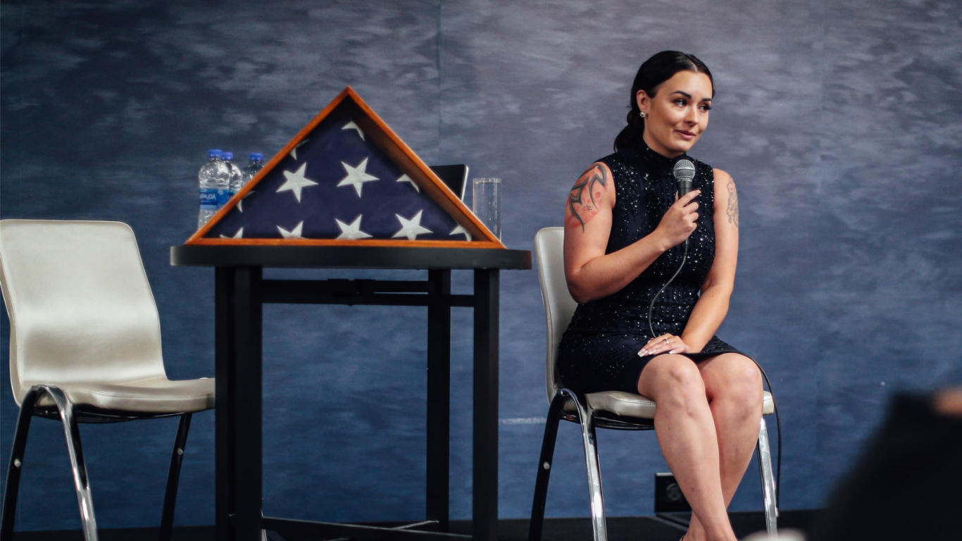 Sherice Pagel speaking on stage in conversation