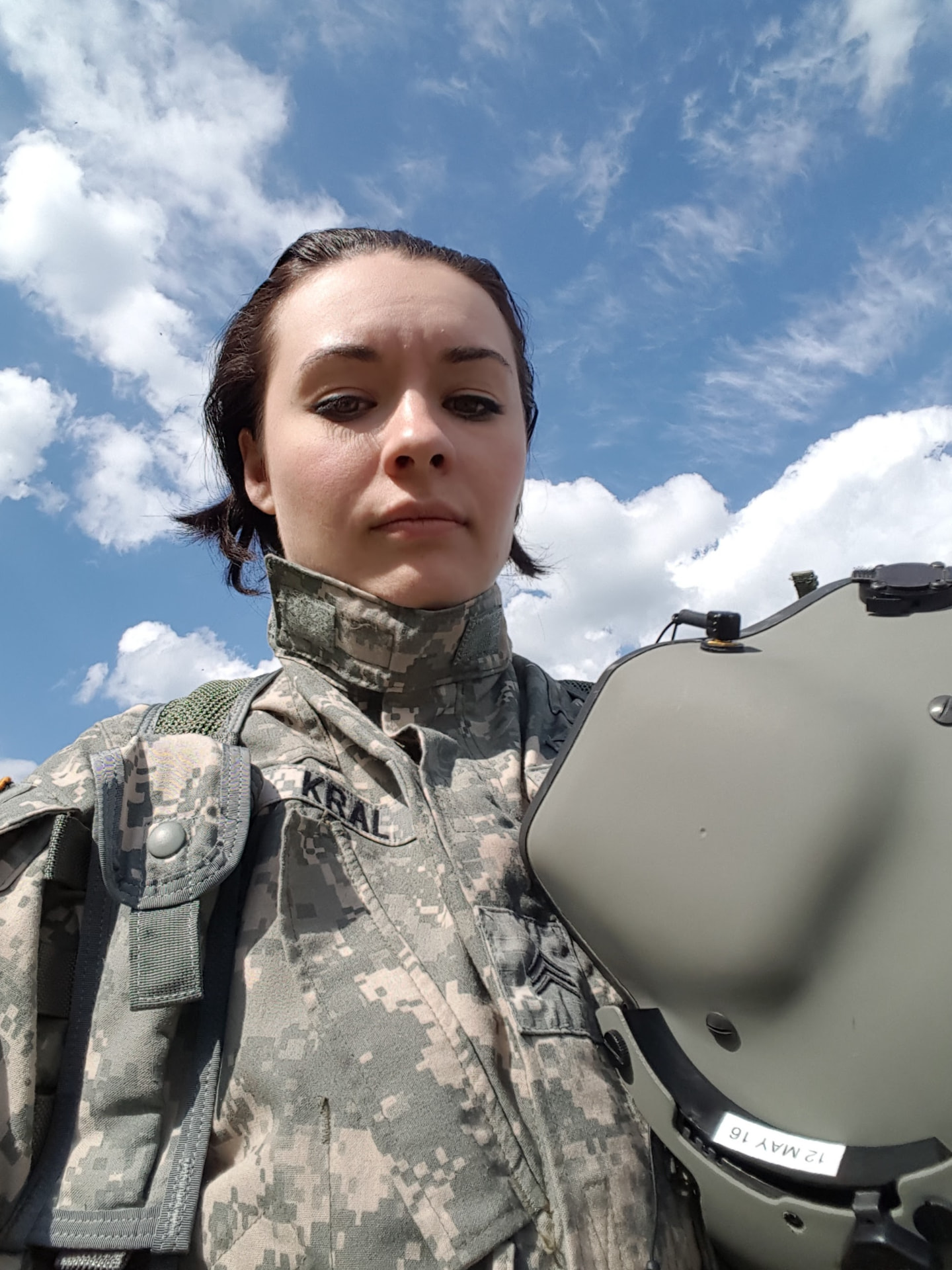 Sherice Pagel in U.S. Army uniform outdoors with helmet